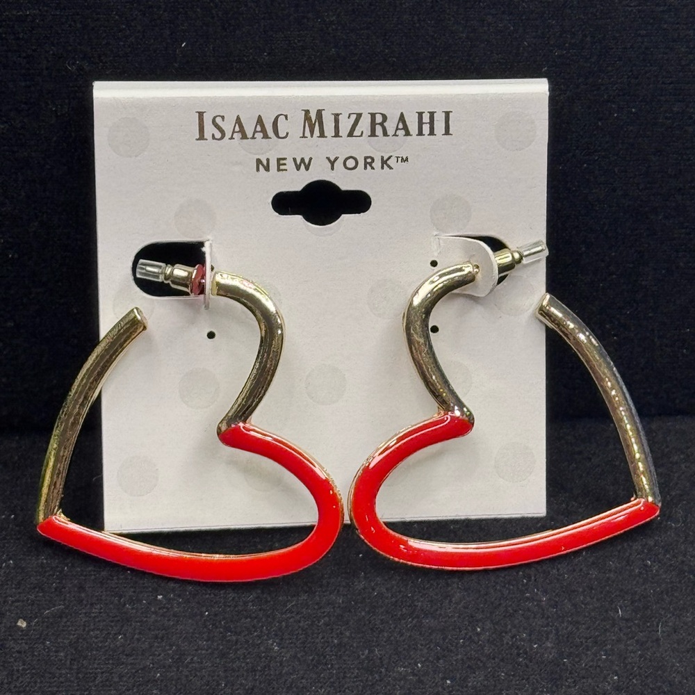 Isaac Mizrahi Red and Gold Tone Heart Hoop Earrings 1.75 in approx - Picture 2 of 4